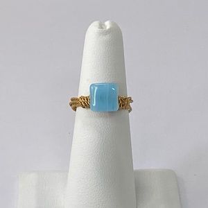 Handmade Light Blue Glass Bead Ring Gold Tone Wire